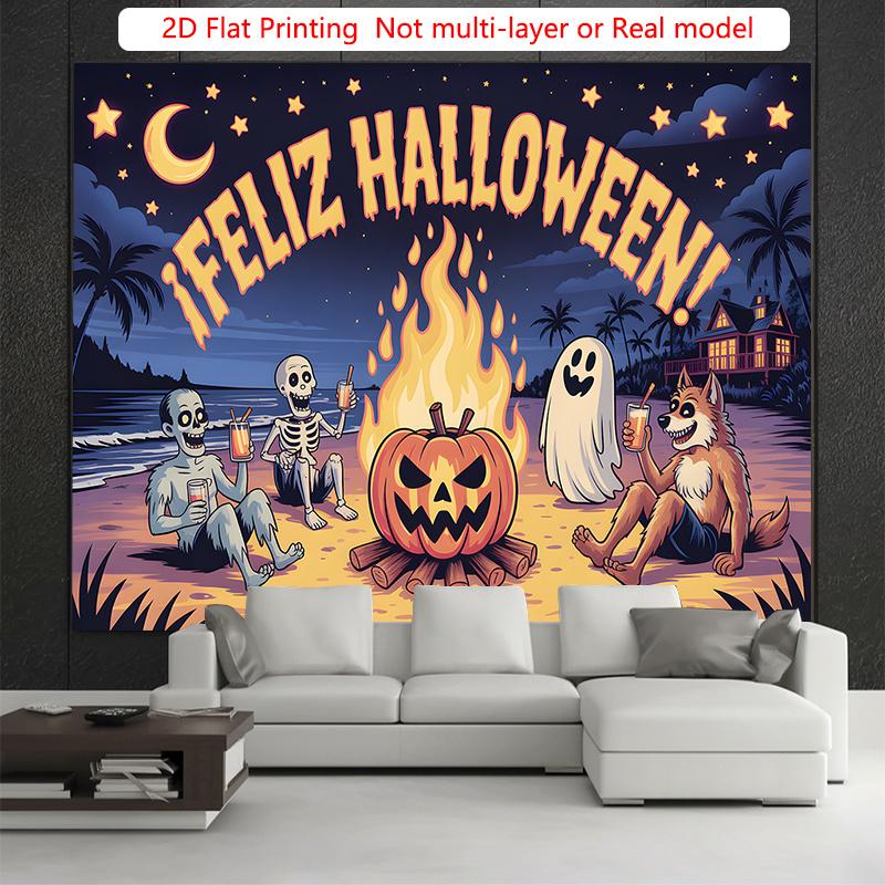 Party Backdrop Halloween Flat Spooky Spanish Language Skeletons Ghosts Pumpkins Parties Celebration Photo Booth Party Decor