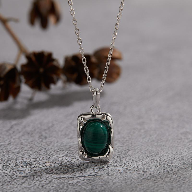 S925 Sterling Silver Natural Malachite Blue Gold Tiger'S Eye Stone White Fritillary Colored Treasure Necklace Women'S French Retro Fashion