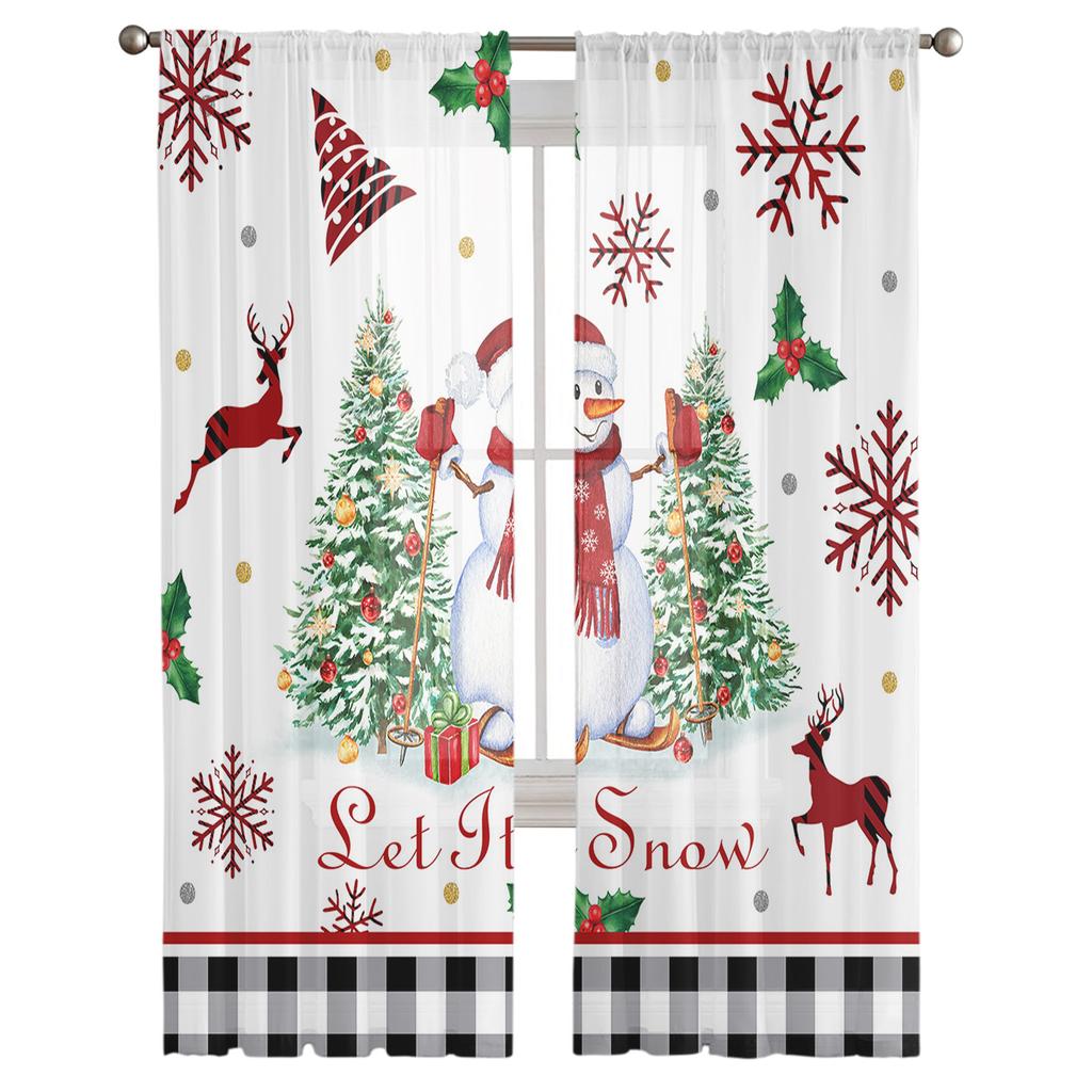 Jul Snögubbe Snöflinga Älg Skira Gardiner För Barn Sovrum Vardagsrum Voile Gardiner Jul Kök Tyllgardin