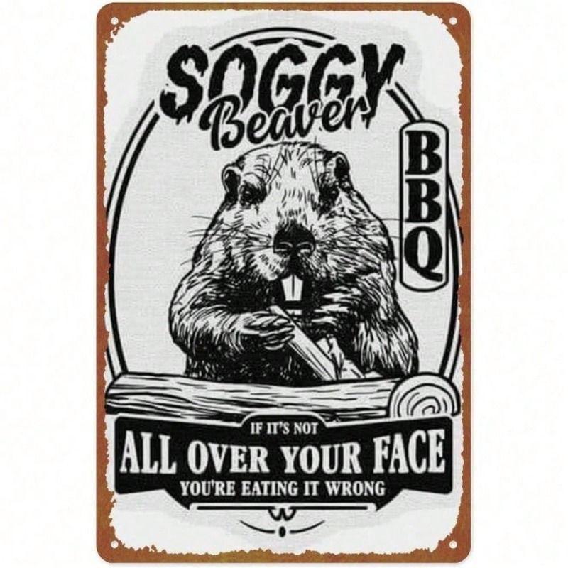 Metal Wall Art Funny Beaver BBQ Poster for Bar