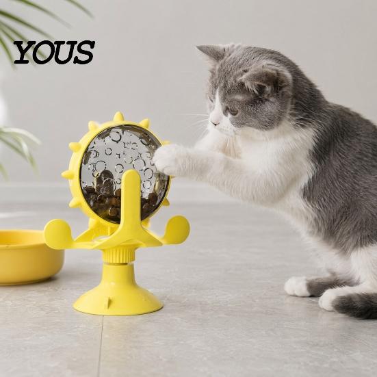 Rotating Cat Food Dispenser Windmill Treat Dispenser, Interactive Toy, Suction Fun Feeder Cup Puzzle for Indoor Cats Solo Play, Mental