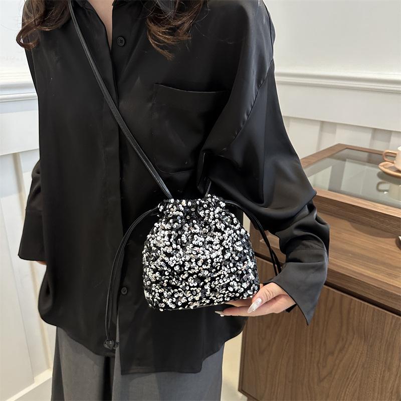 Korean Small Sequin Bucket Bag Trendy Soft Tie-mouth Shoulder Bag Casual Niche Fashion Personality Crossbody Bag Trendy