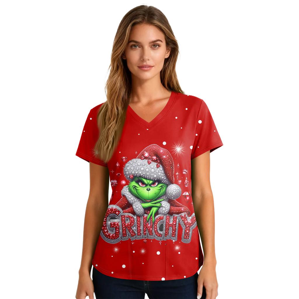 Women's Cute Printed Work Clothes V-neck Double Layer Pockets Basic Short Sleeve Top Pullover Valentines