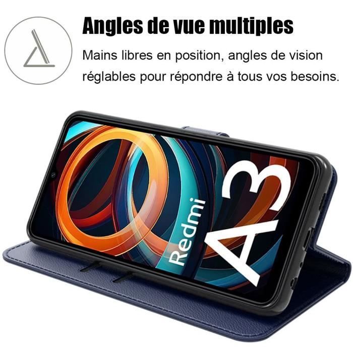 Coque pour Xiaomi Redmi A3 - Bleu Marine - Antichoc en Cuir PU - 2 Verres Trempés - Support intégré