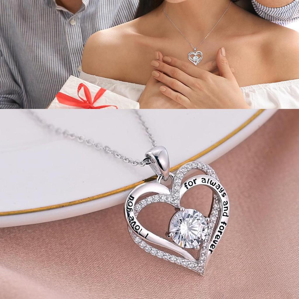 White Gold Double-layer Heart Pendant Necklace - Twelve Birthstone Options