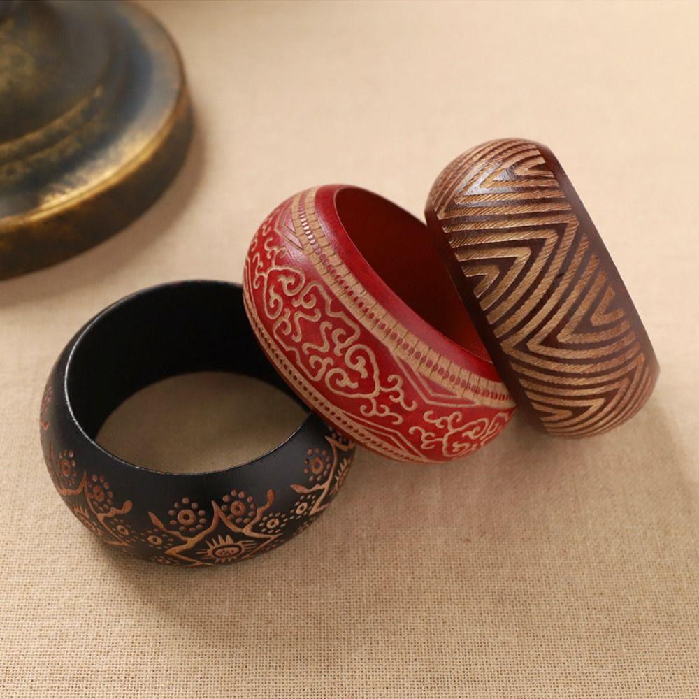 Retro Carving Wooden Bangle Wide Ethnic Style Bangle Gift Chinese Style Bracelet  Wrist Bracelets