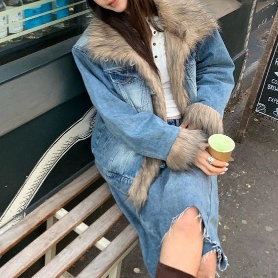 Ranwear1 Винтажная потертая джинсовая утепленная куртка с подкладкой из экологичного меха Small