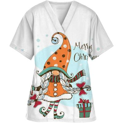Nurse Uniforms Women Merry Christmas Print Short Sleeve V-Neck Scrubs Working Medical Blouse Overalls Uniforms Medical Nursing