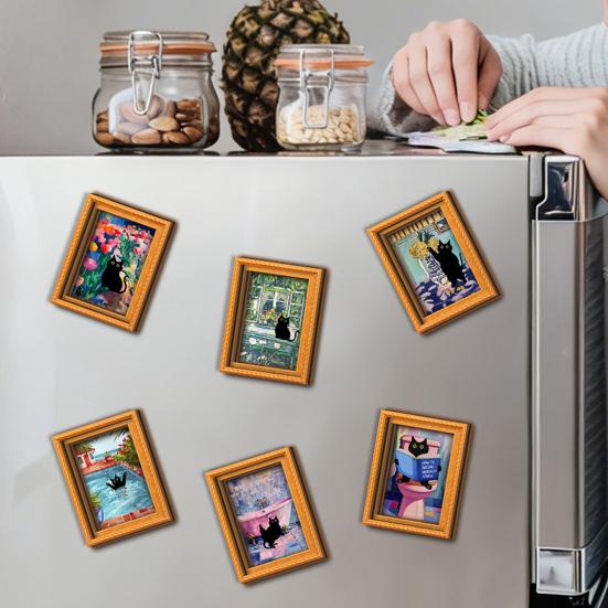 Photo Frame Refrigerator Magnets Oil Painting Cat Magnet, Wooden Black Magnetic Magnet Theme Retro Rectangle Decoration Decorative Fridge