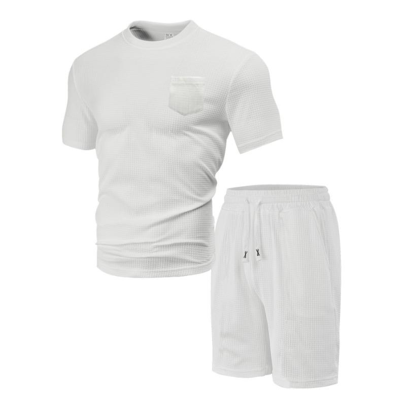 Mens Casual Waffle Knit Short Sleeve T Shirt And Drawstring Shorts Set S