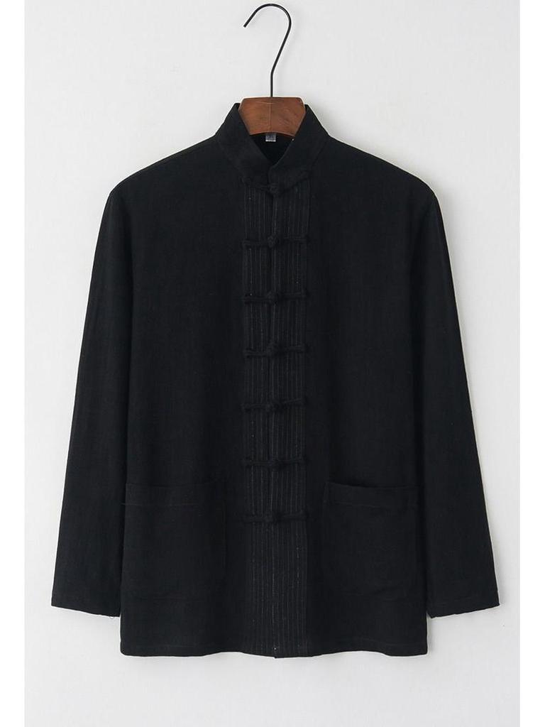 Men's Retro Chinese Style Cotton-Linen Long-Sleeve Tang Suit Hanfu Tai Chi Zen Top