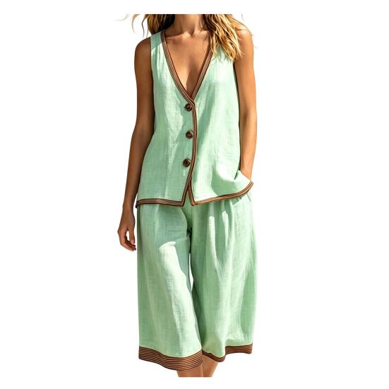 Women s Color Block 2 Piece Outfits Sleeveless Button Down V S светло-зеленый
