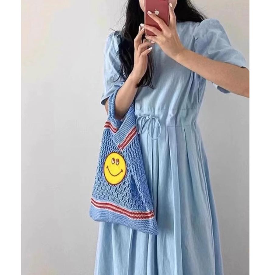 Korean chic summer sweet temperament round neck lace-up waist thin solid color splicing pleated short-sleeved dress women