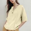 Women V Neck Button Up Three Quarter Sleeve Cotton Linen Blouse Loose Fit Casual Top for Everyday Wear