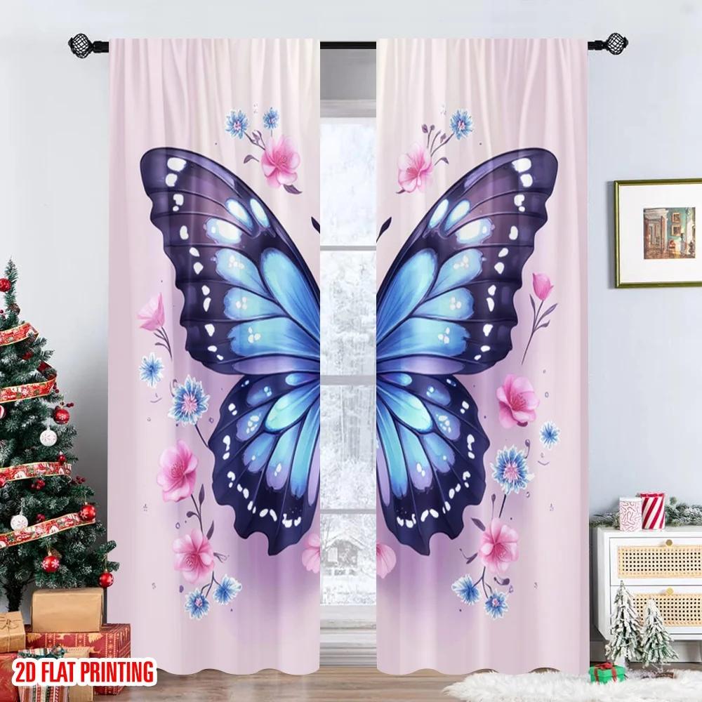 Set Of 2 Flat Printing Party Curtains Sparkle Butterfly Flower Floral Digital Printed Polyester Drapes Festive Wall Decor Curtain