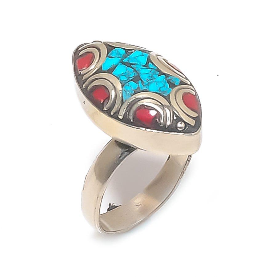 

Natural Tibetan Turquoise, Coral 925 Sterling Silver Ring Size Adjustable A2h78