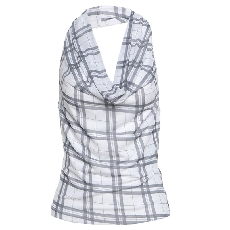 European and American Style Summer New Women's Clothing Fashion Casual Simple Neck Backless Design Plaid Sleeveless Small Vest
