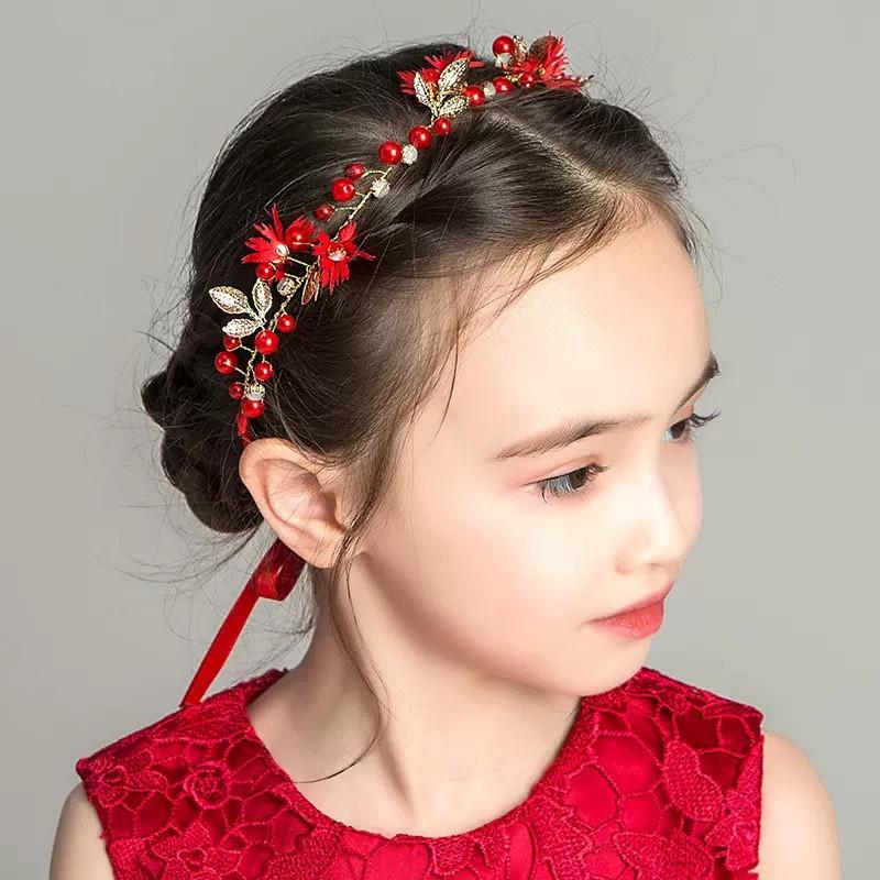 Red Flower Bridal Tiara Hairband Gold Color Crystal Pearl Headband Women Headpiece Wedding Crown Bride Hair Jewelry Accessories
