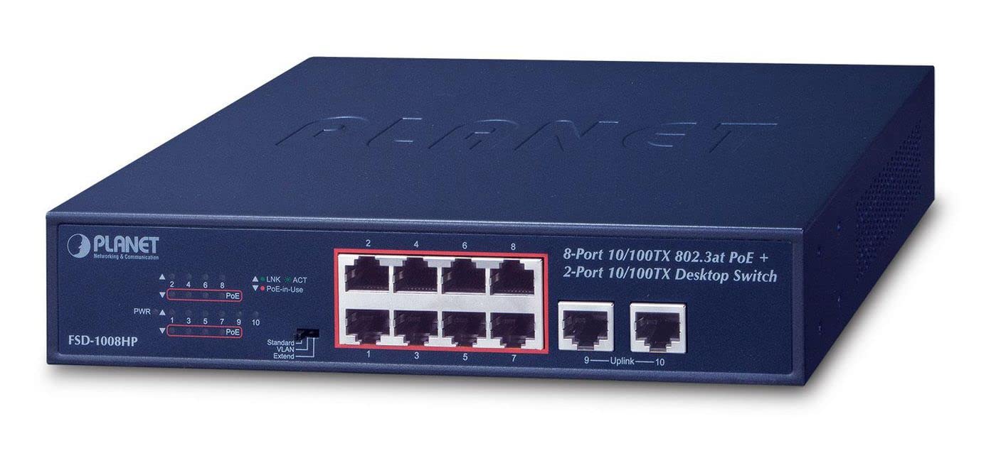 

Planet network switch Unmanaged Fast Ethernet Black 1U Power over Ethernet FSD-1008HP (10/100) (PoE)