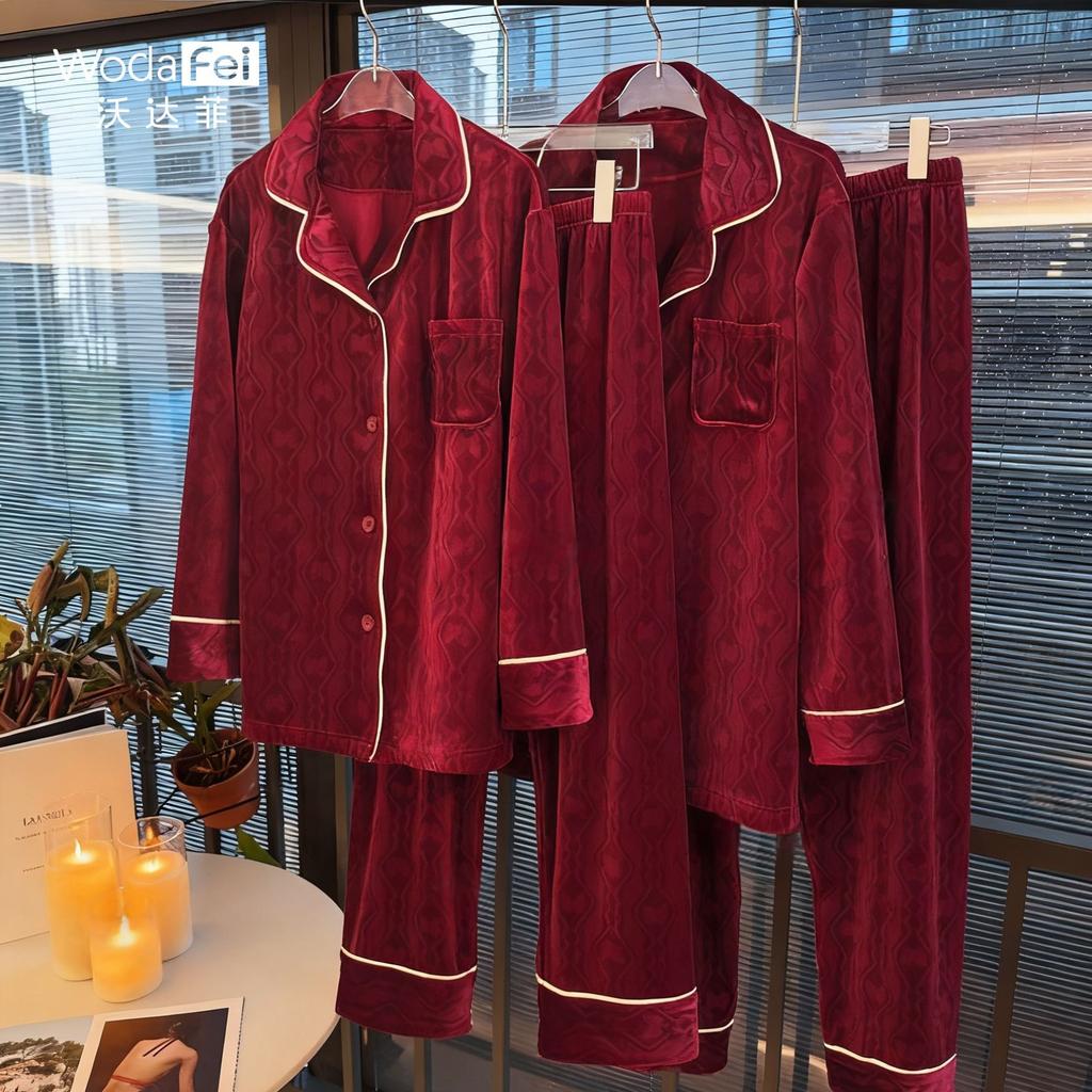 Red Newlywed Couple Pajamas Set, Island Velvet Men's Warm Loungewear, Long-sleeved Thickened Pajamas Women's Autumn and Winter Models