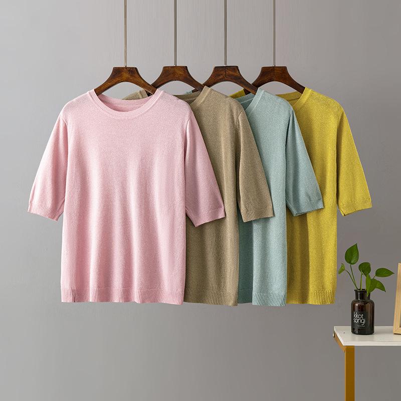 Sommer Damen Helles Seide Kurzarm Einfarbig Locker Dünn Rundhals Vielseitiges Halbarm Strick-T-Shirt