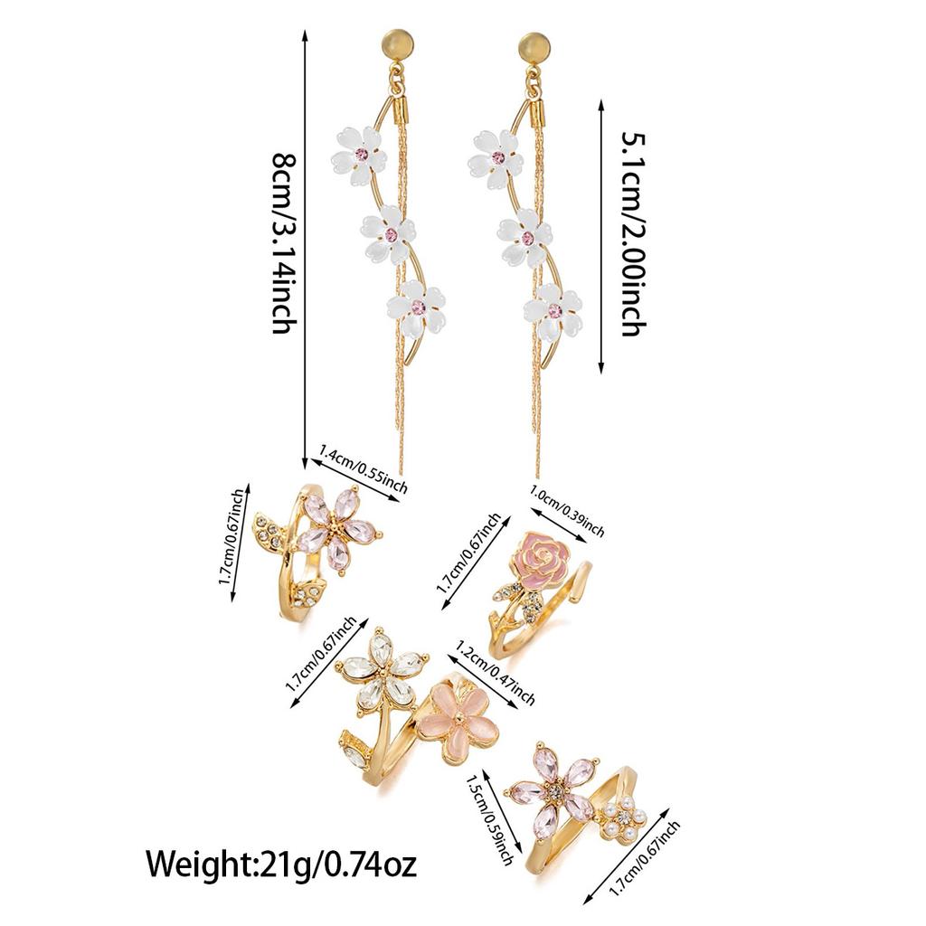 5-piece fashionable and minimalist floral tassel earrings with open flower rings for women's jewelry set