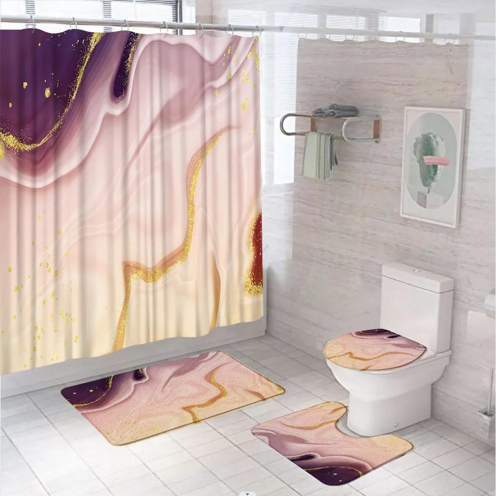 Marbling 3D Shower Curtains Luxury Marble Blue Golden Veins Bath Mats Set Pedestal Rug Toilet Cover Bathroom Curtain With Hooks