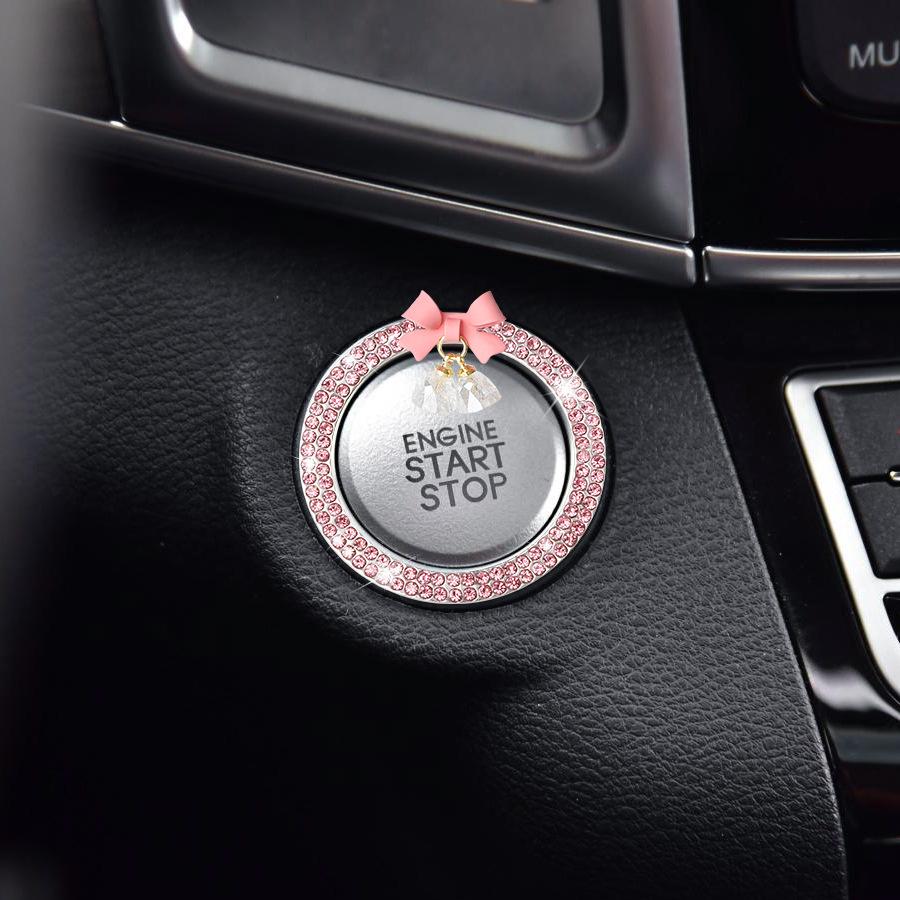 Crystal Bow Bell Engine Ignition Onekey Start Stop Push Button Switch Protective Cover Bling Girls Auto Accessories Car Decor