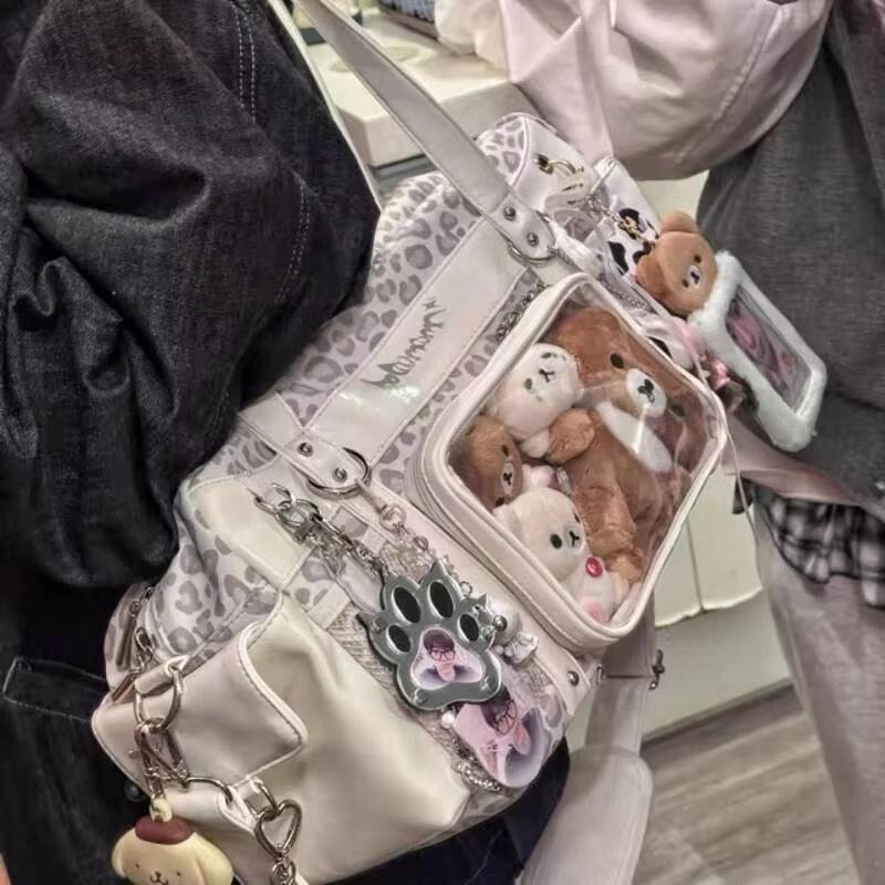 

New Y2k Leopard Ita Shoulder Bag Lolita Girls Transparent Tote Bag Womens Large Capacity Crossbody Bag Cute DIY Display Handbags 40x26x15cm бежевий