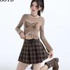 2026 Autumn Women's Retro Khaki Plaid Pleated High Waist A-line Short Skirt with Slimming Fit