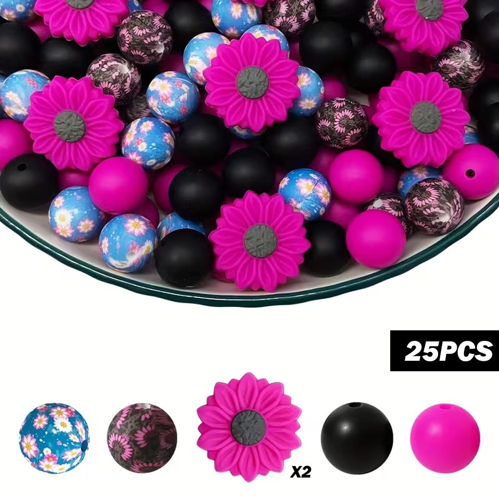 

25/34PCS Sunflower Chrysanthemum Silicone Bead Set, perfect for DIY handmade crafts such as keychains, necklaces, bracelets, etc