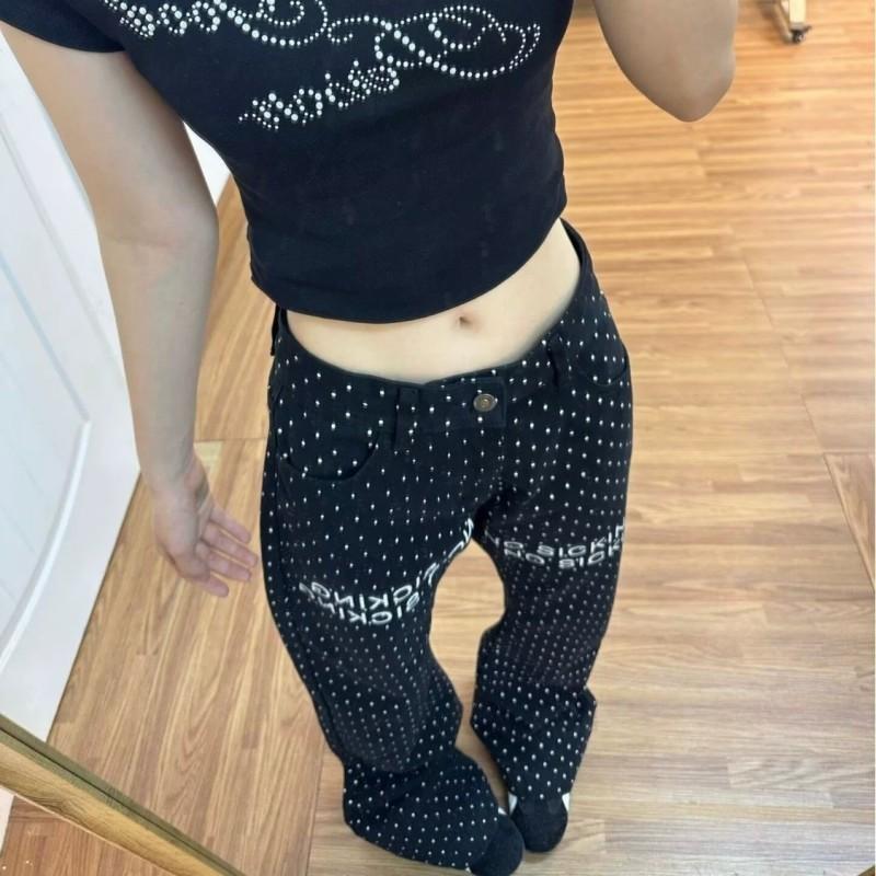 Dark Polka Dot Straight Leg Jeans Women 2026 Premium Black Denim Pants Trendy