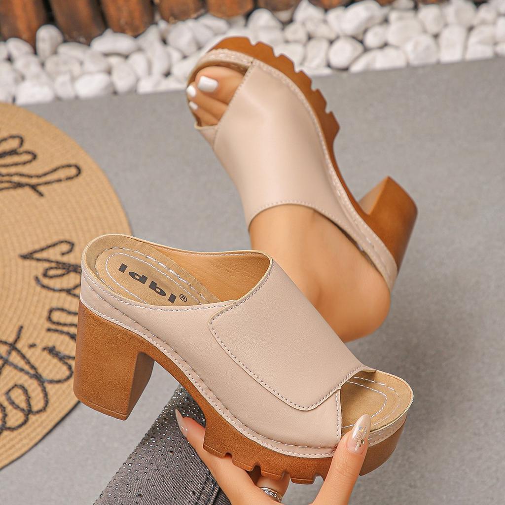Plus Size Women Summer One Strap Thick Platform Chunky Heel Fish Mouth Slide Sandals Open Toe Height Increasing Beach Outdoor Shoes