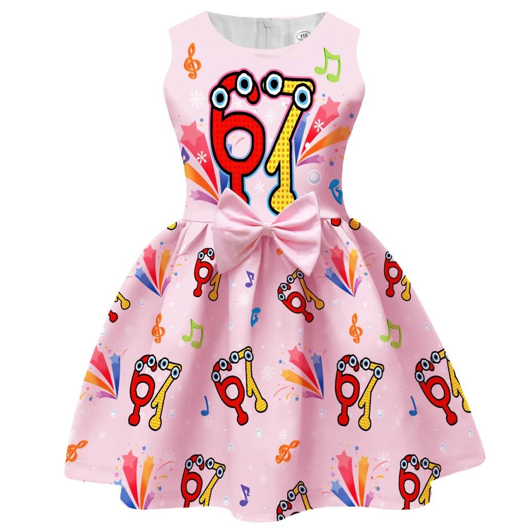 94238 Girls Steal A Brainrot 67 Printed Bow Party Sleeveless Princess Dress