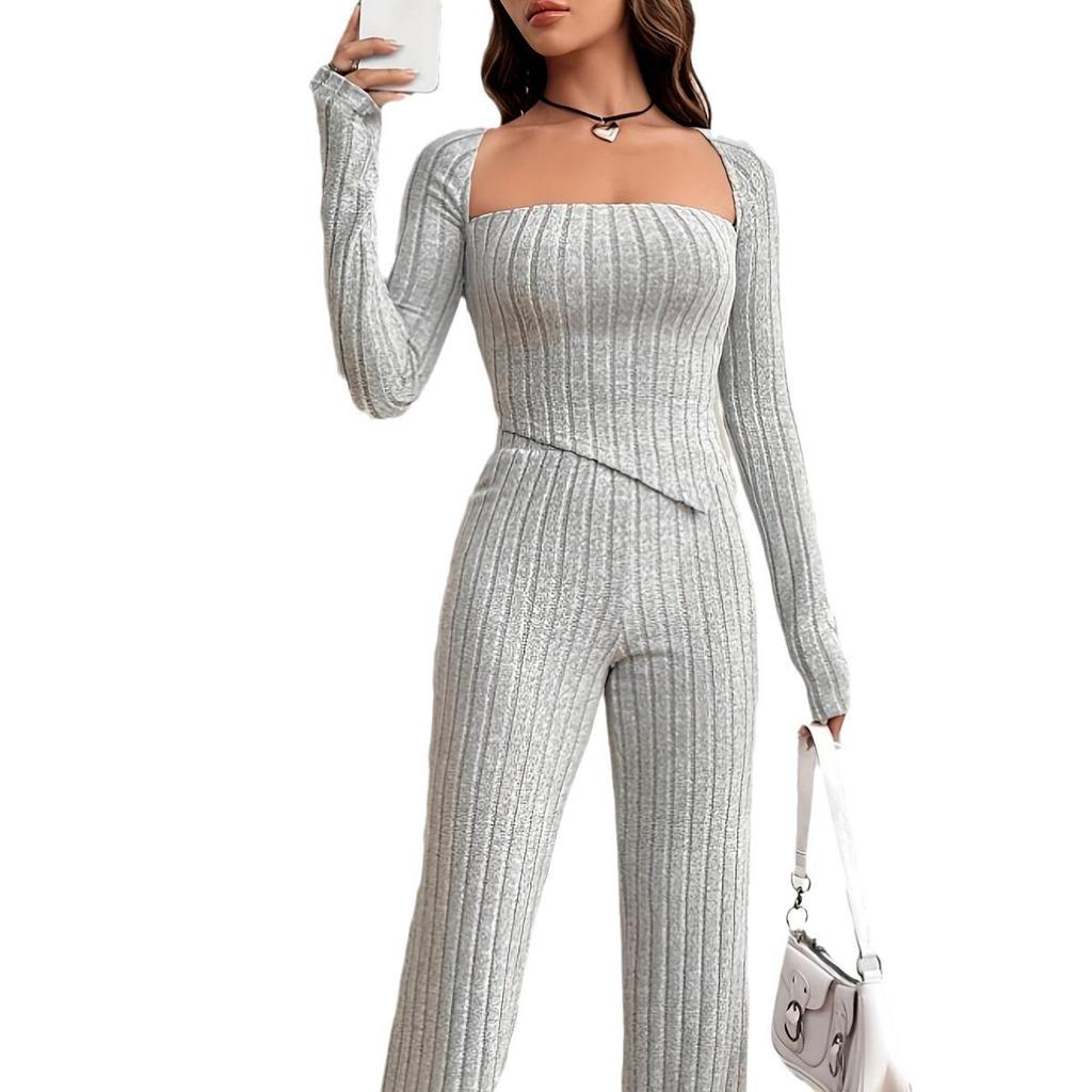 2024 Women's Solid Color Rib-Knit Lounge Set: Long-Sleeve Top & Pants