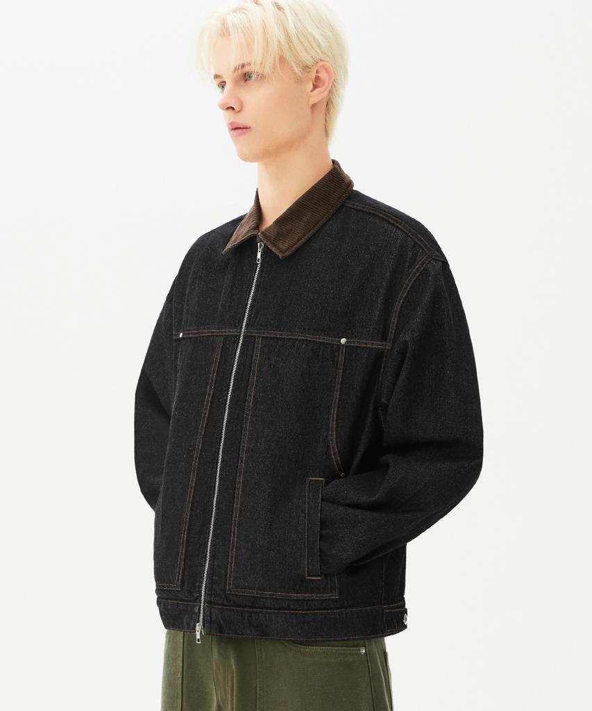 Trillion Corduroy Collar Denim Zip-Up Work Jacket (Black)