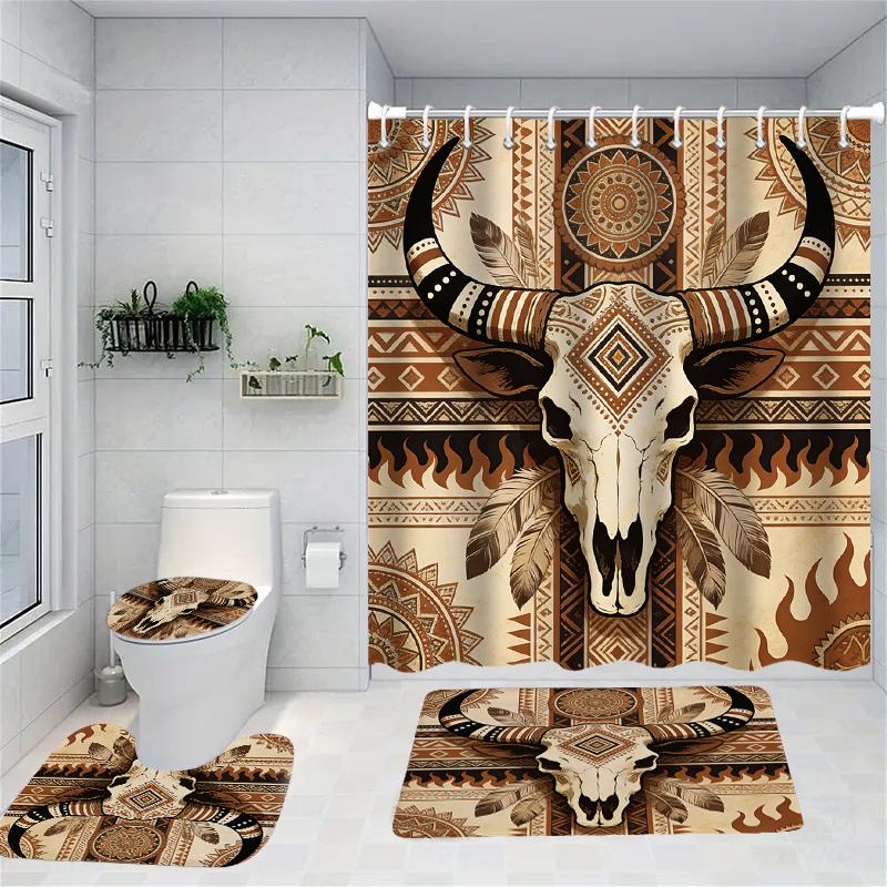 Western Ox Bulls Shower Curtain Bath Sets Waterproof Non-Slip Bathroom Rug Toilet U With 12 Hooks Home Deco