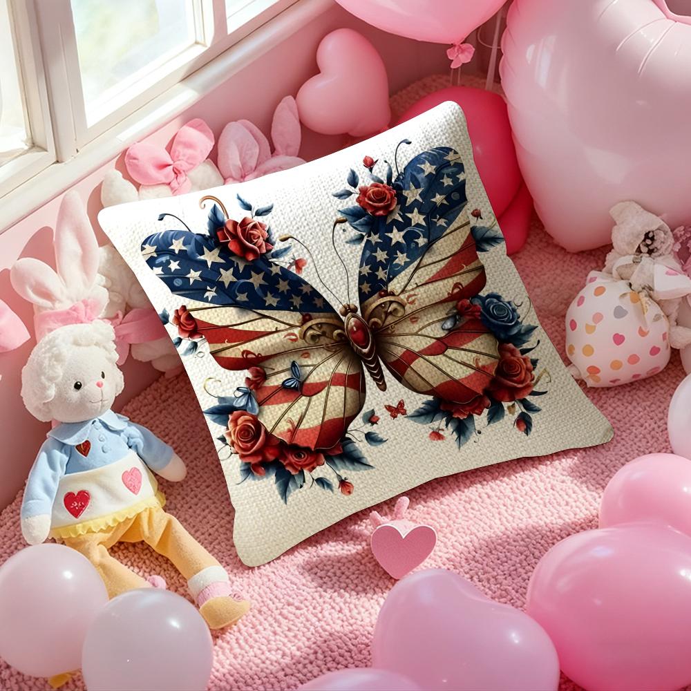 American Flag Butterfly Cushion Cover Natural Linen Pillow Case Double-Sided Print Decorative Sofa Pillowcase Home Decor Gift