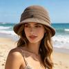 (One Size, Dark Brown) Women's Bucket Hat Hollow Knit Breathable Fisherman Cap Stylish Decorative Letter Detail Sun Hat