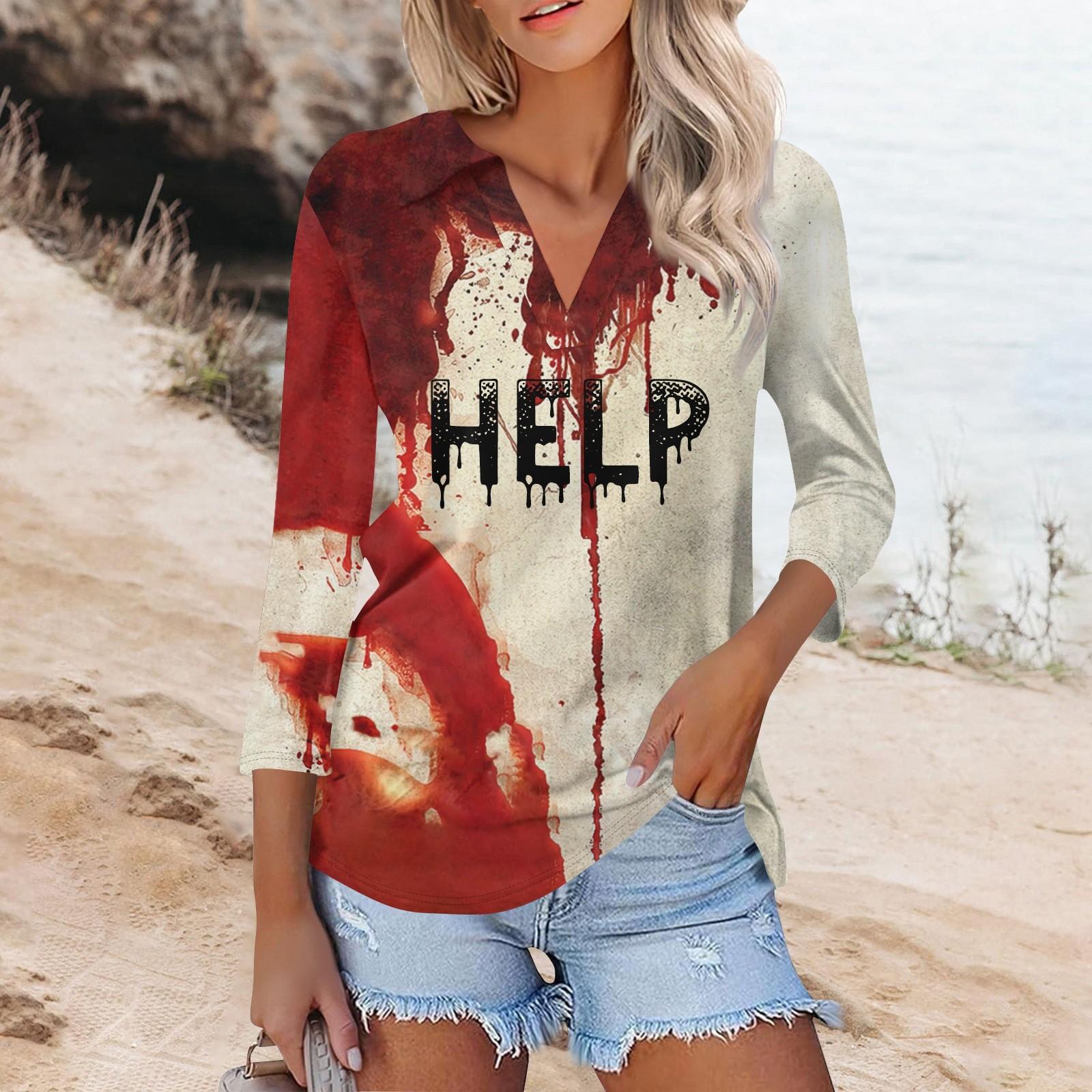 Женская модная повседневная футболка с V-образным вырезом и рукавом 3/4 на Хэллоуин — фото 12