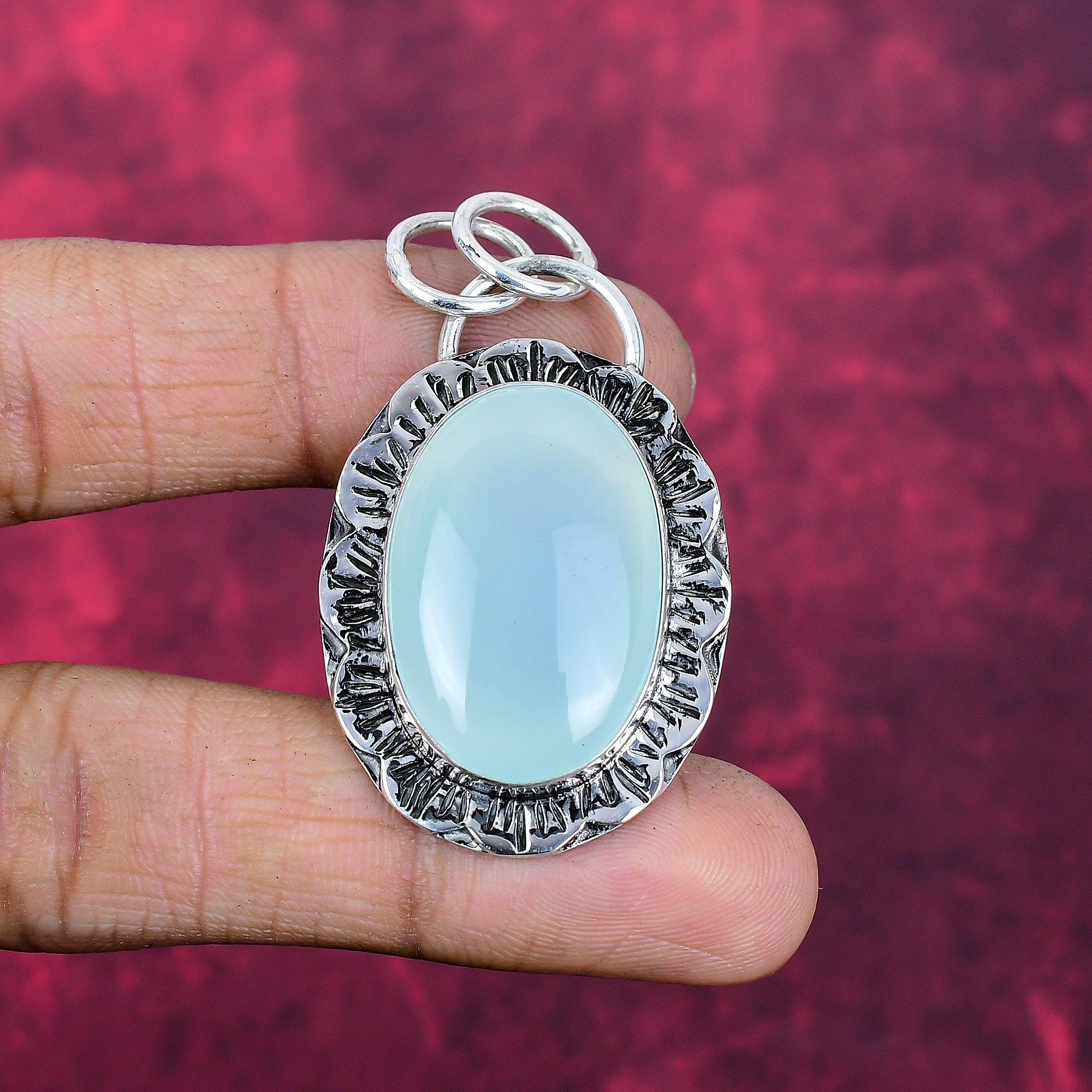 

Ювелирные изделия из аквахалцедона и серебра, подвеска из стерлингового серебра 925 пробы, повседневные украшения ручной работы для женщин 2.16 Inches