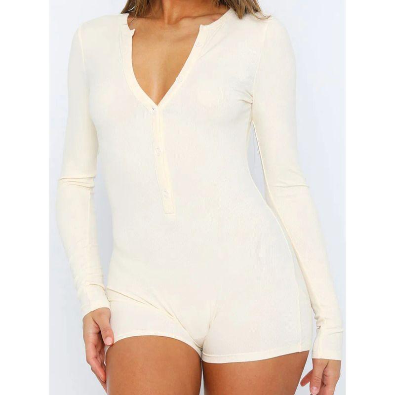 Amazon 2024 European and American Autumn New Women's Tight One-Piece Shorts Casual Button Cotton Top Long sleeve V-neck