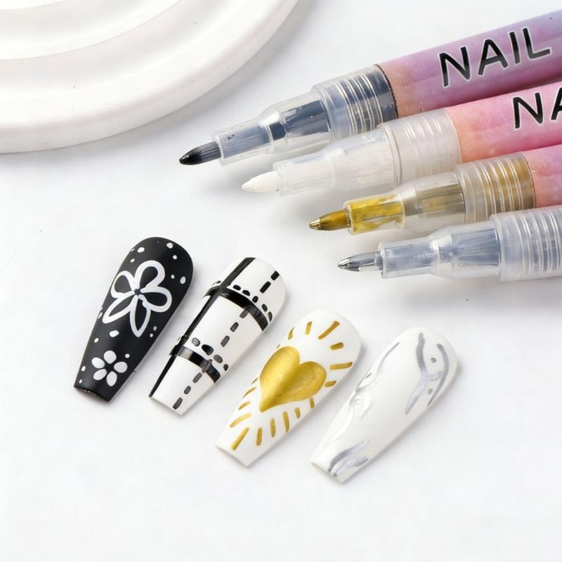 4Color Quick Dry Nail Art Pen Markers Nail Polishing Pen Safe Ink for Precise Designs Portable Use in Any Situation