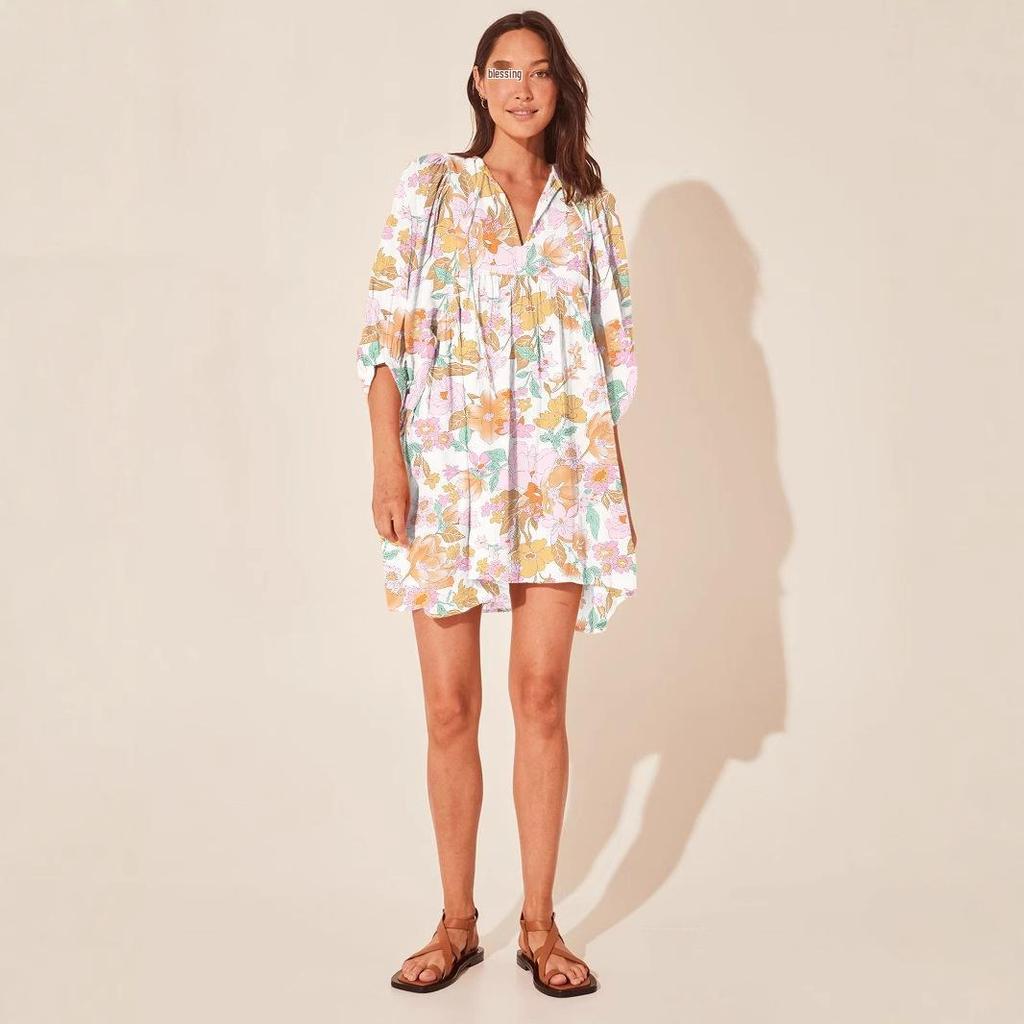 Women's Floral Tie-Back Casual Cotton Dress - Short Sleeve & Loose Fit for Beach Holidays