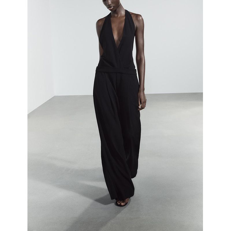 Spring and Summer New Women's Clothing Bows Decorative Linen Blend Open Back Double Breasted V Neck One-Piece Pants 3152358