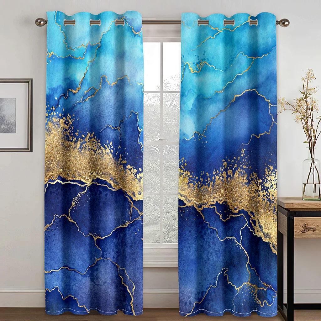 Ready-made Abstract Marble Blue Gold Design Cheap Modern Thin 2 Pieces Curtains for Living Room Bedroom Window Drape Home Decor