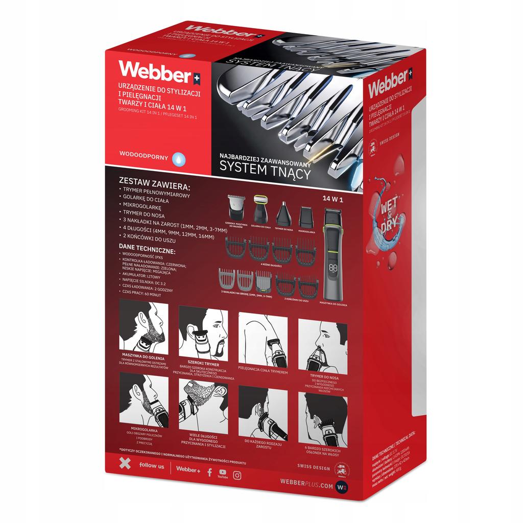 Webber 14-in-1 Men's Trimmer - Shaver + Beard + Hair + Nose Wet&Dry PRO Set