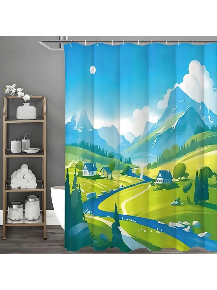 

Flat Scenic Mountain River Prairie Log Cabin Shower Curtain, Bathroom Decorative Shower Curtain, Waterproof Shower Curtain With W60H190(CM)-1 Pcs