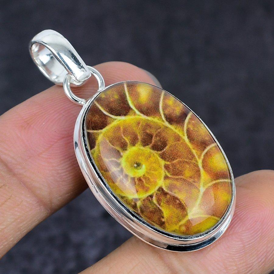 Natural Ammonite Fossil Gemstone 925 Sterling Silver Jewelry Pendant 1.77" b9R95