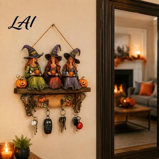 Dark Aesthetic Wall Art Halloween Entryway Key Holder with 4 Hooks Wooden Hanging Sign Mount Rack for Keys Bags And Leashes Home Organizer Mudroom